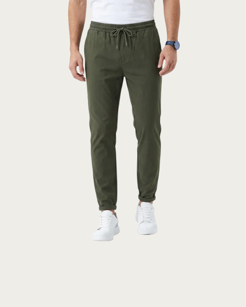 man wearing olive trousers front view relaxed fit