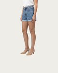 blue denim high rise shorts front view fitted design