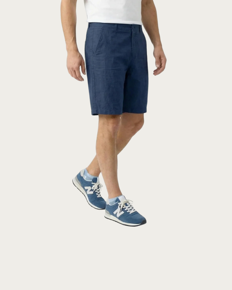 navy straight leg shorts men front view knee length casual fit