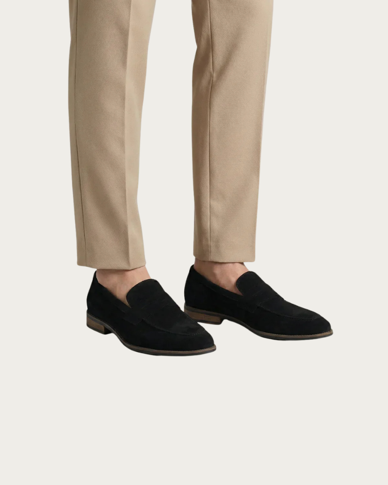 Man Wearing Black Suede Loafers With Trousers Casual Outfit