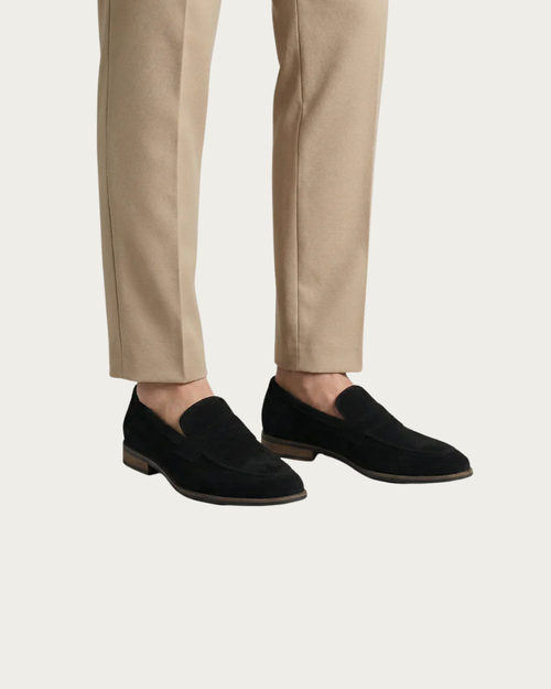 Man Wearing Black Suede Loafers With Trousers Casual Outfit
