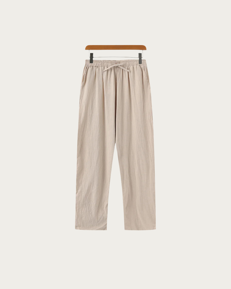 Beige Linen Trousers Flat Lay Front View Minimal Design