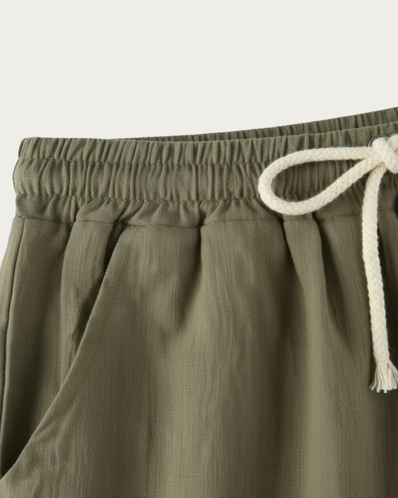 olive linen shorts elastic waistband detail men