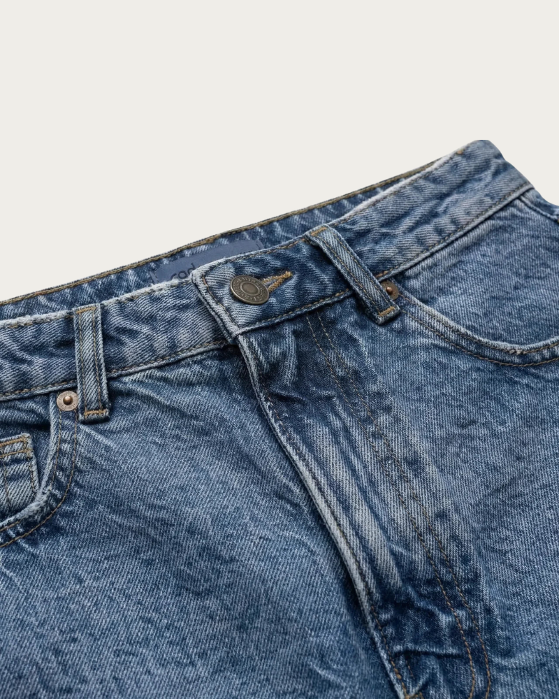 close up of denim shorts waistband and button detail