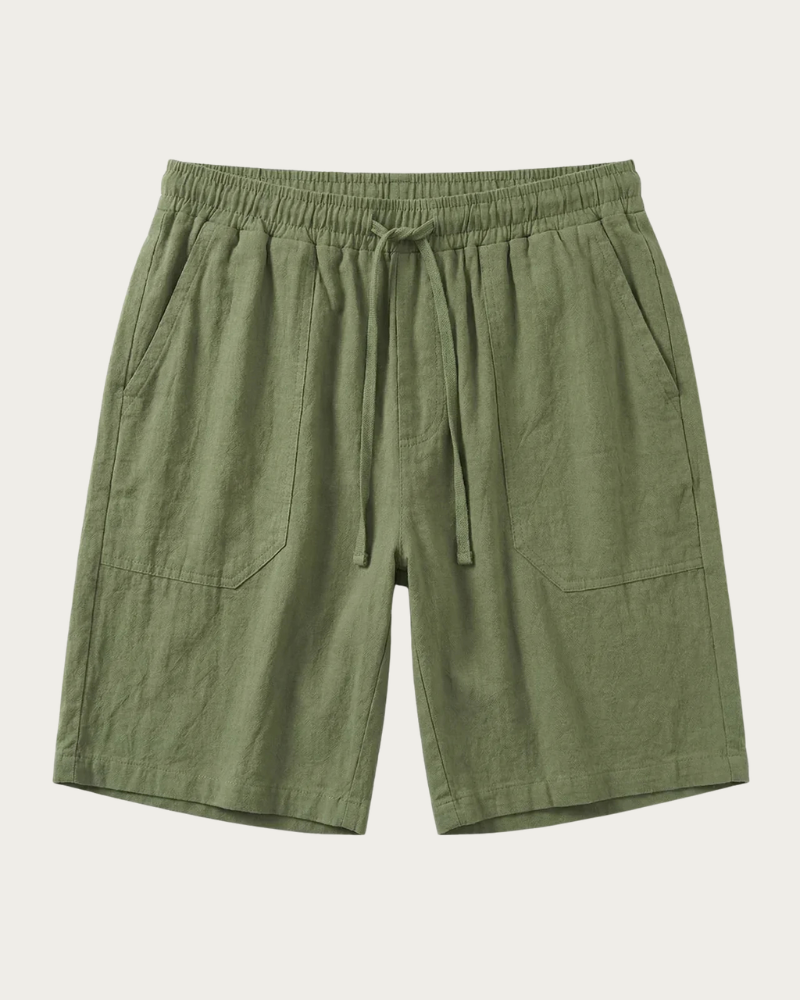 olive linen shorts front view minimal design drawstring waist