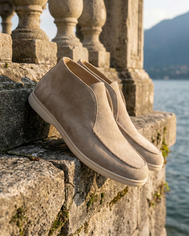 Beige High Top Loafers Side View Suede Finish