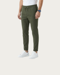 olive green stretch trousers men front view tapered fit casual look