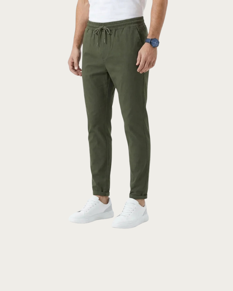 olive green stretch trousers men front view tapered fit casual look