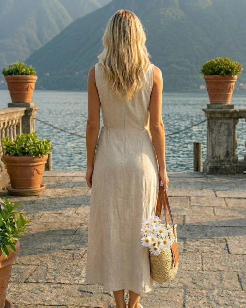 Woman Wearing Linen Dress Back View Summer Outfit