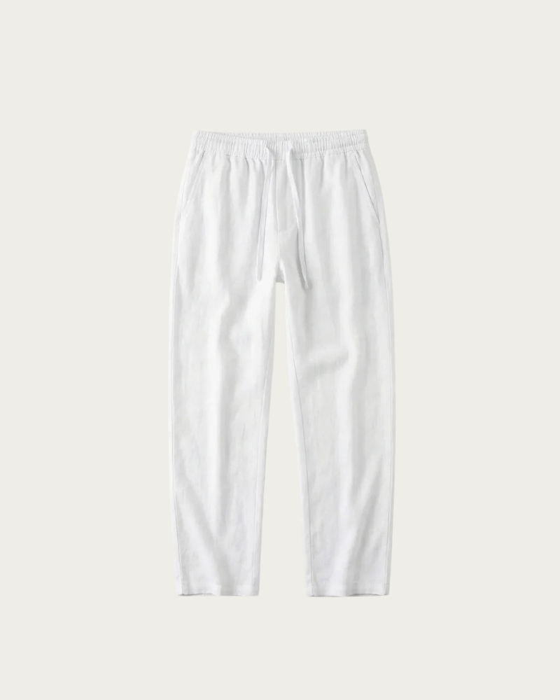 white linen trousers flat lay front view minimal design