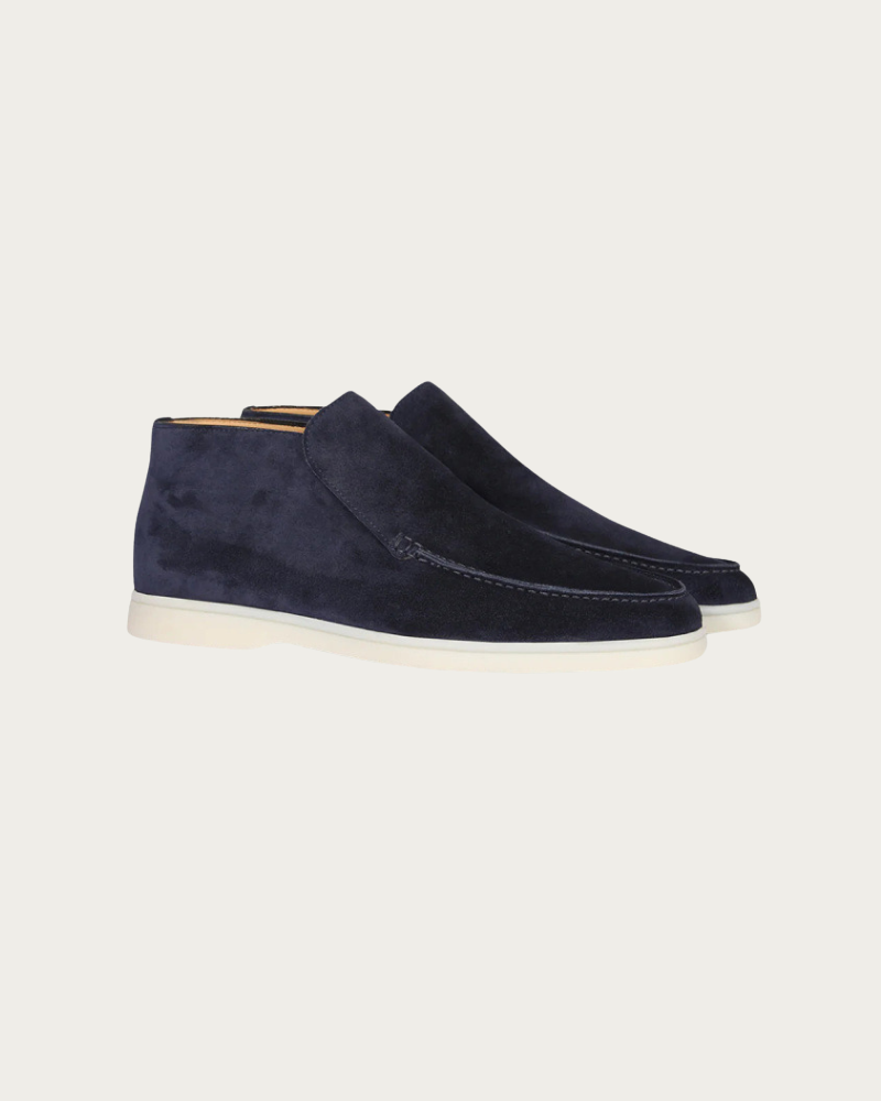 Dark Blue Suede Loafers Side View Clean Design