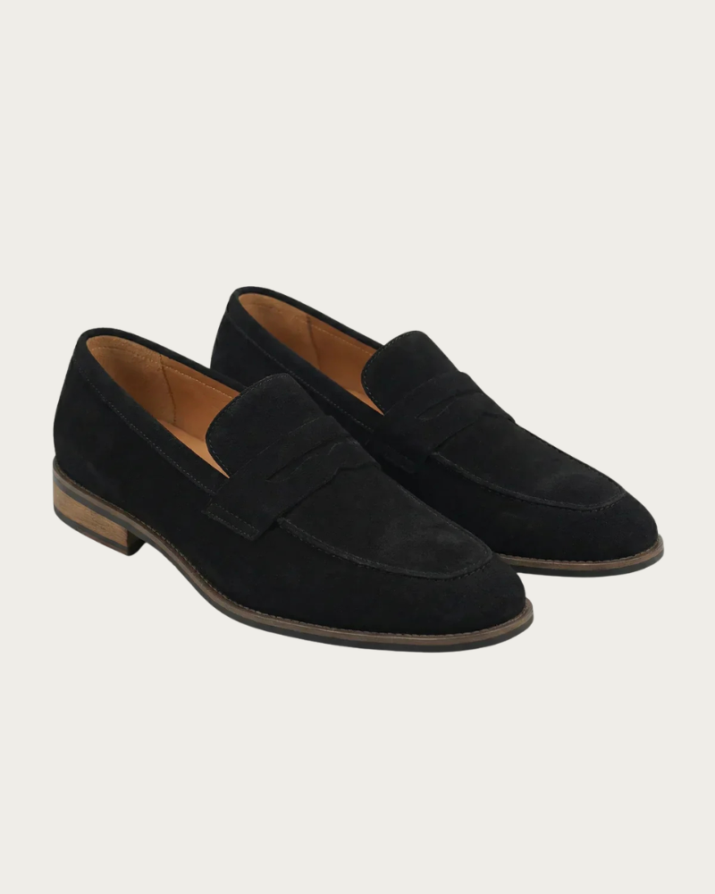 Black Suede Loafers Pair Front View Minimal Style