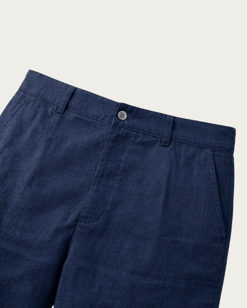 close up of navy shorts waistband and fabric detail
