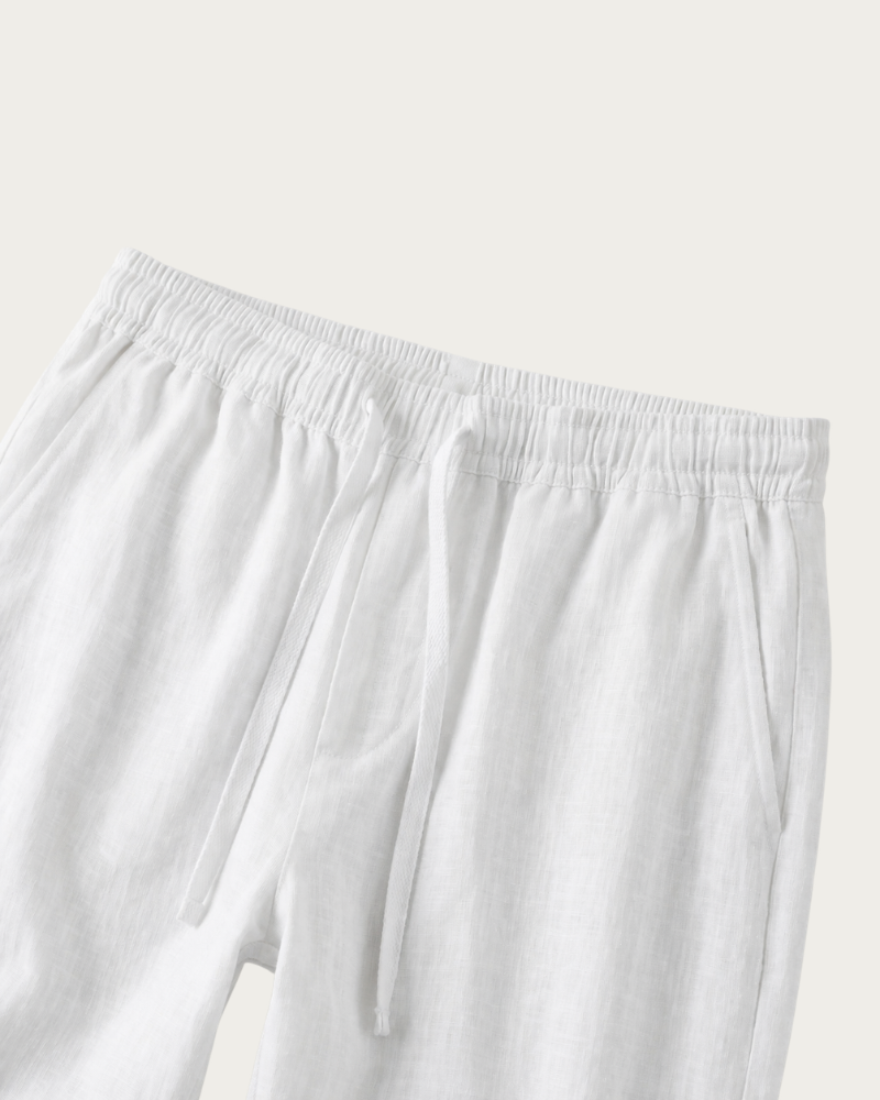 close up of linen trousers drawstring waistband detail