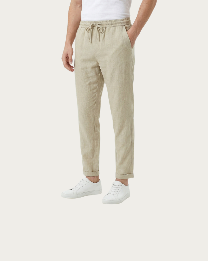 beige drawstring trousers men front view straight leg relaxed fit