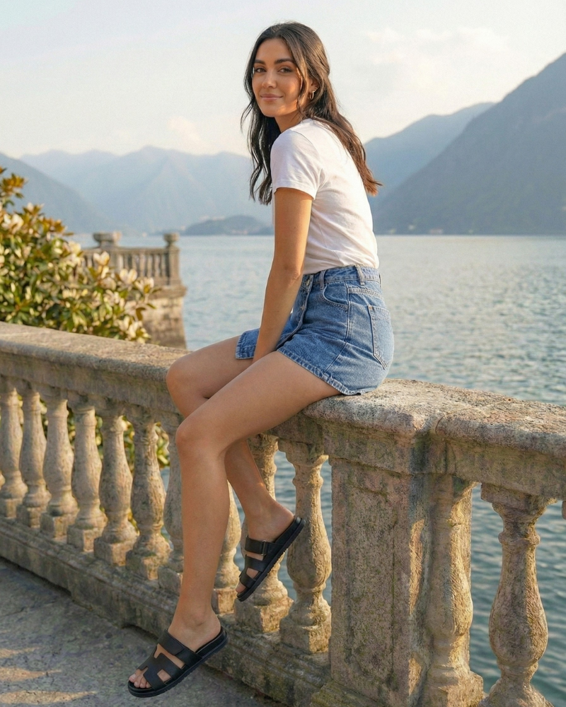 woman wearing denim skort side view relaxed summer look