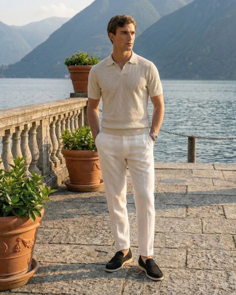 Man Wearing Black Loafers Full Body Summer Look
