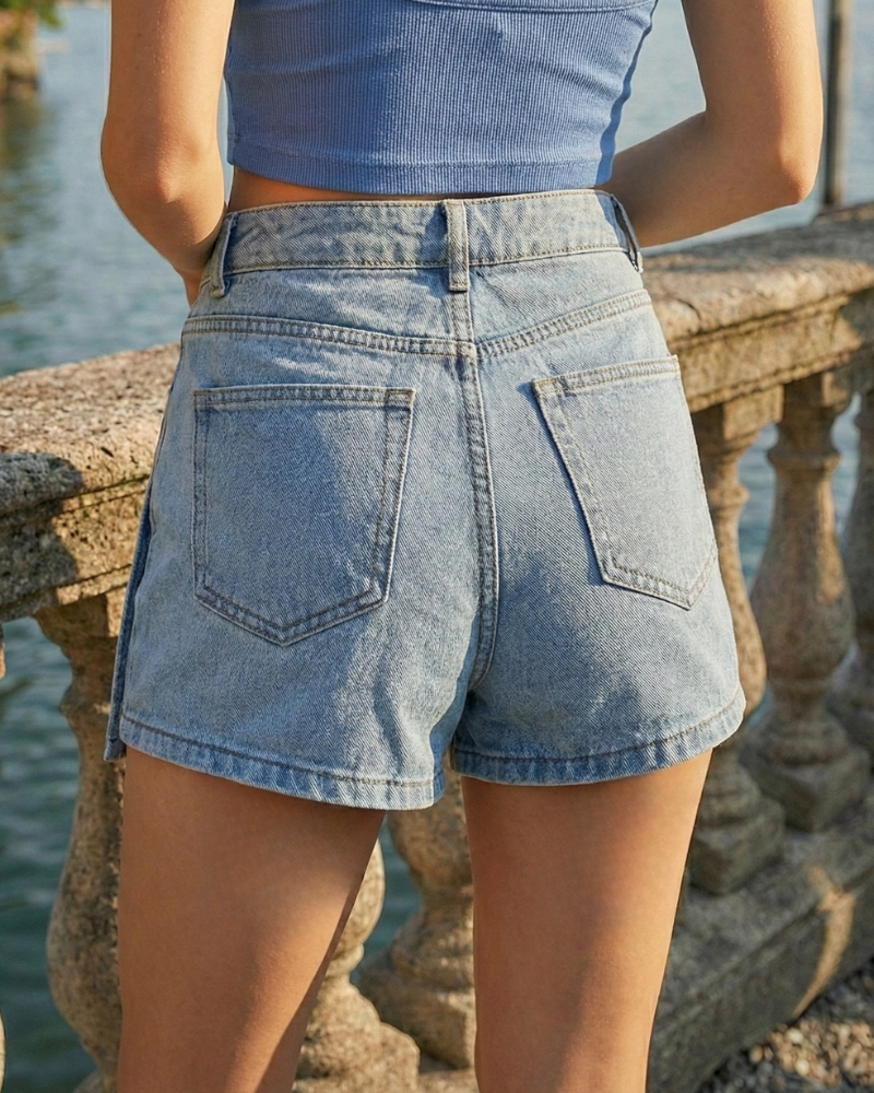 woman wearing denim skort back view casual summer look