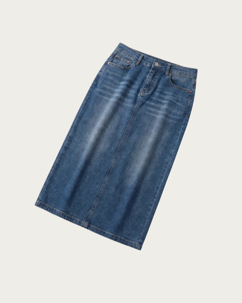 blue denim midi skirt flat lay front view minimal design