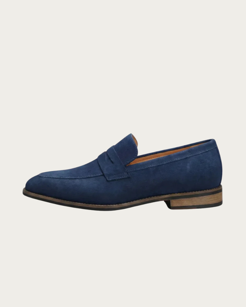 Blue Suede Loafers Side View Casual Style