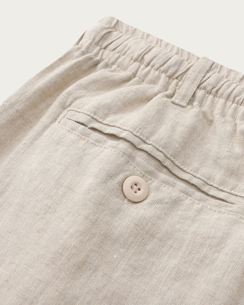 Close Up Of Linen Shorts Button Detail