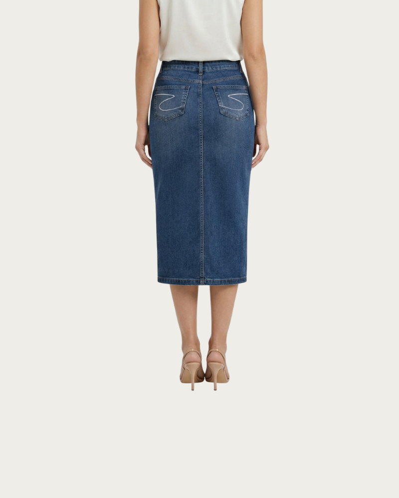 woman wearing denim midi skirt back view casual outfit