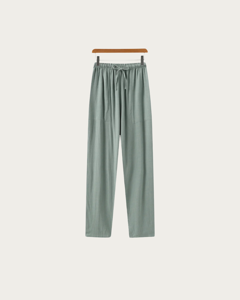 Green Linen Trousers Front View Minimal Style