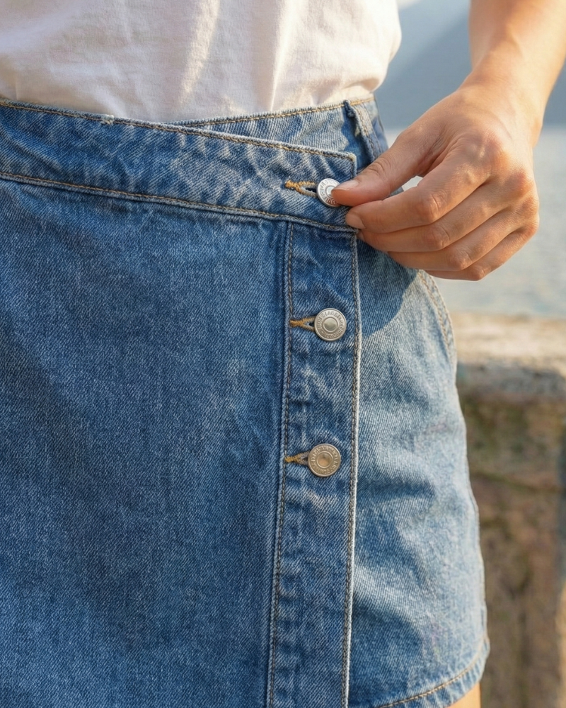 close up of denim skort button front detail and fabric texture