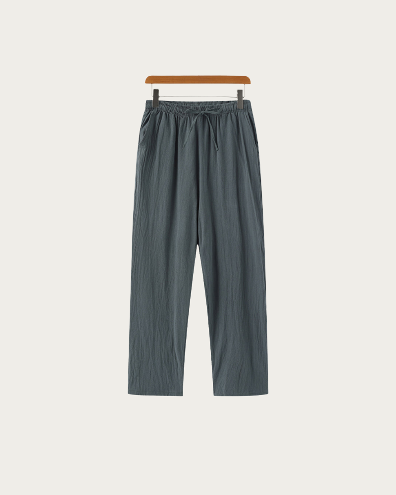Blue Linen Trousers Front View Relaxed Fit