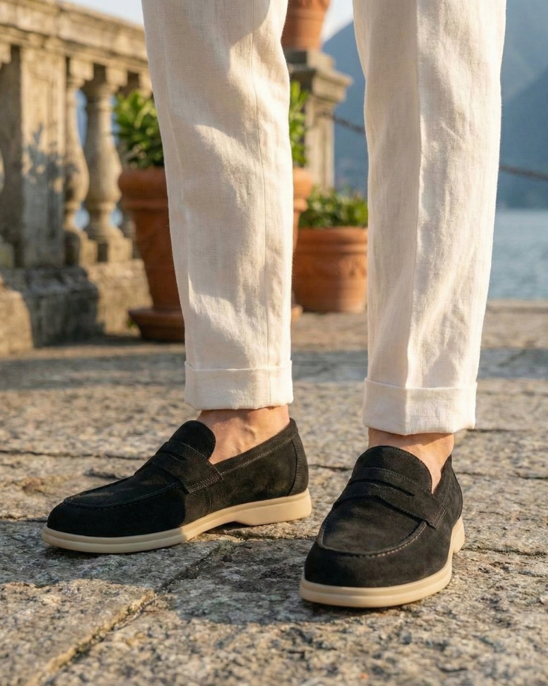 Man Wearing Black Leather Loafers Casual Outfit