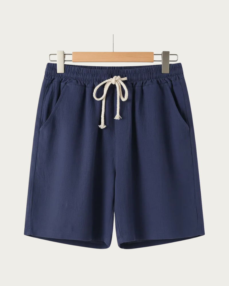 blue linen shorts front view minimal design drawstring
