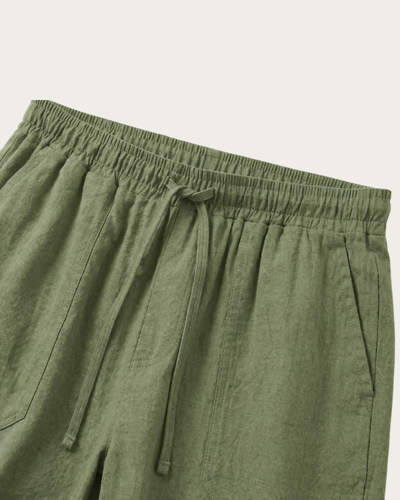 close up of linen shorts elastic waistband and drawstring detail
