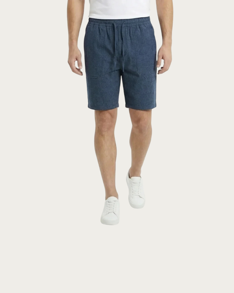 man wearing blue linen shorts front view casual outfit