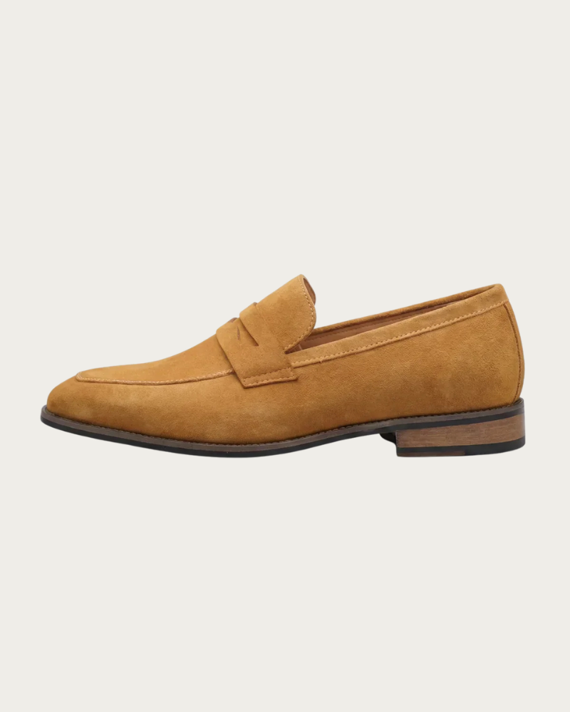 Khaki Suede Loafers Side View Clean Design