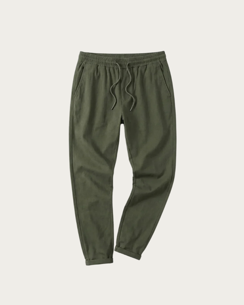 olive trousers flat lay front view minimal design