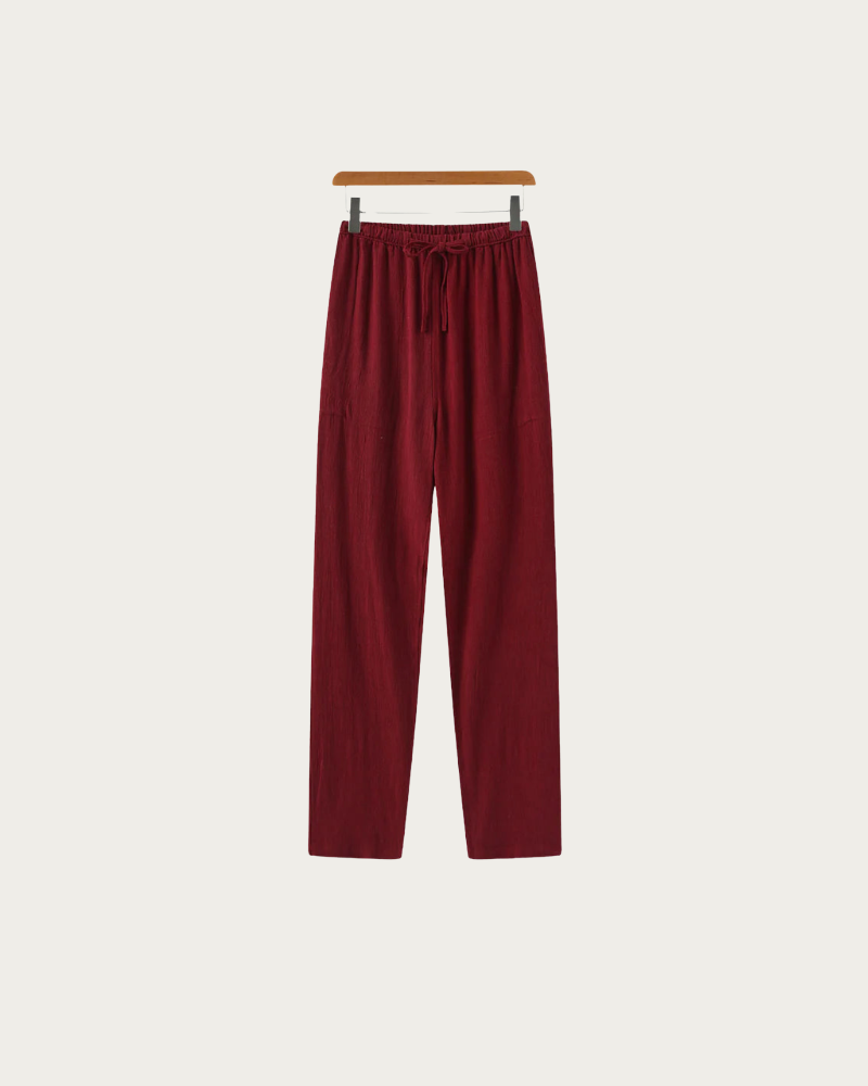 Red Linen Trousers Front View Casual Summer Look