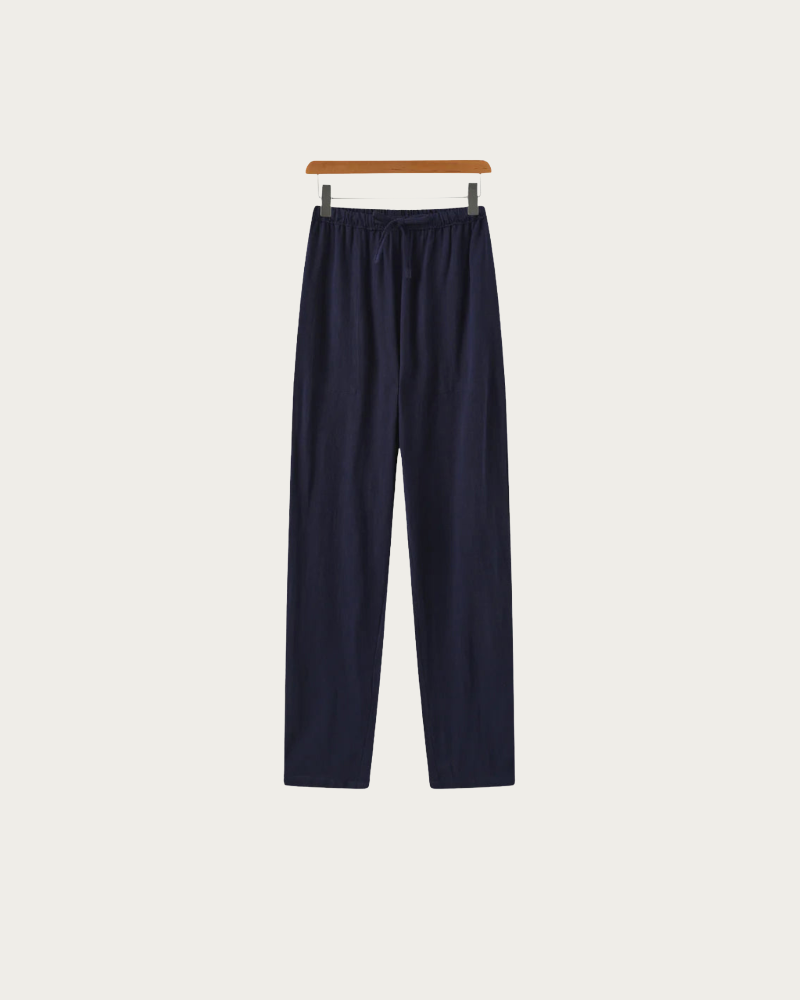 Navy Linen Trousers Front View Casual Look