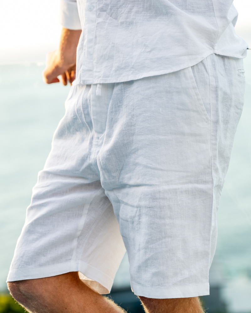 Man Wearing White Linen Shorts Casual Summer Look
