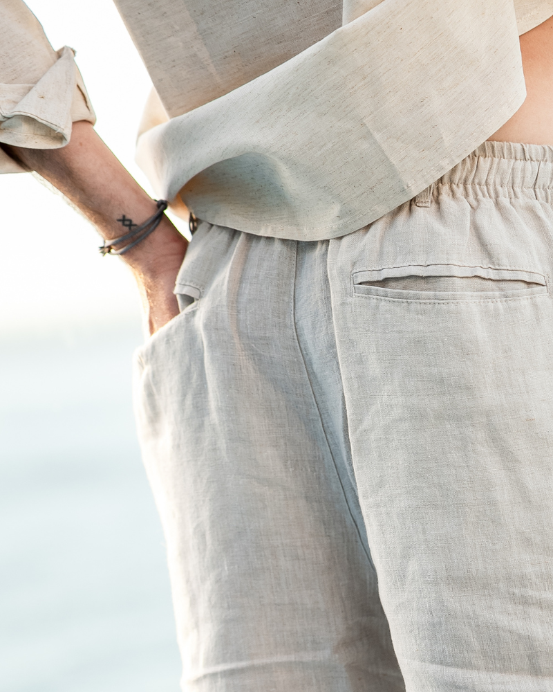 Close Up Of Linen Shorts Pocket And Fabric Detail