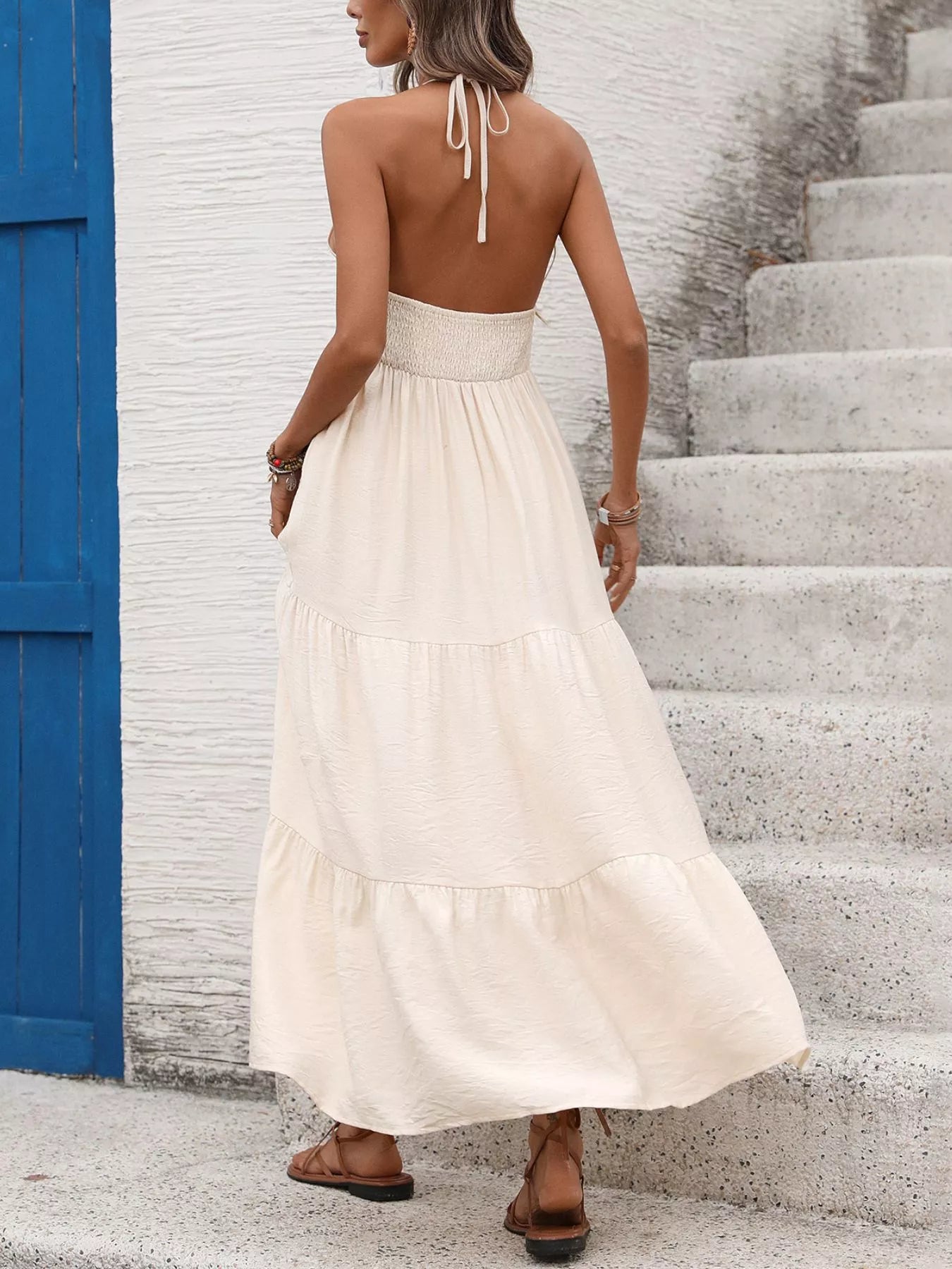 Woman Wearing Maxi Dress Back View A Line Fit