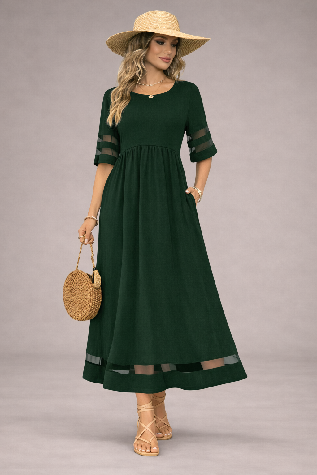 woman wearing green maxi dress relaxed fit outdoor setting