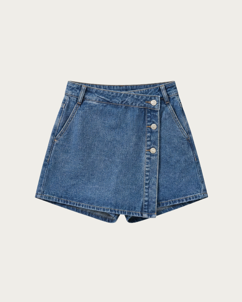 blue denim skort front view with button front detail