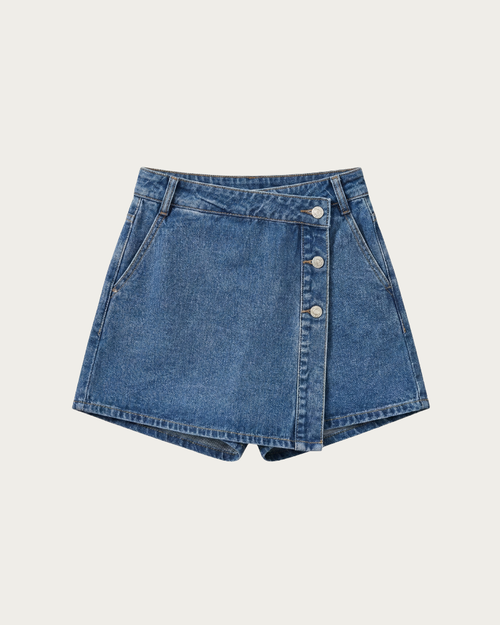 blue denim skort front view with button front detail