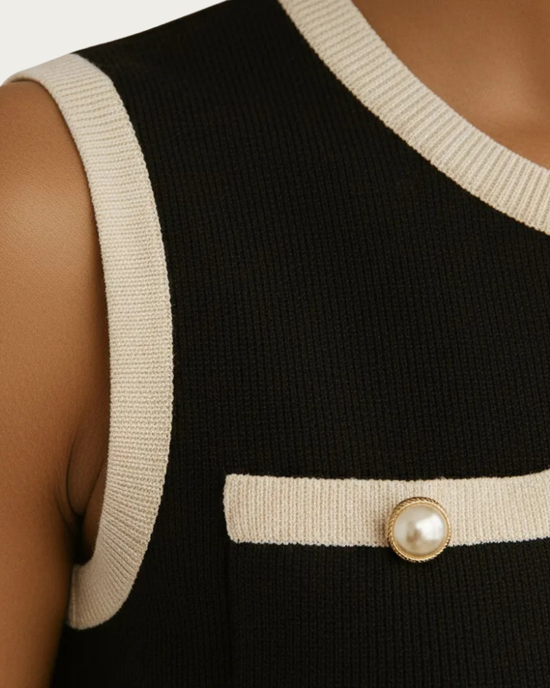 close up of black knit dress shoulder and neckline detail