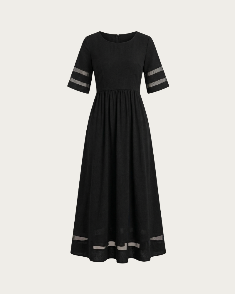 black maxi dress front view with sheer hem detail