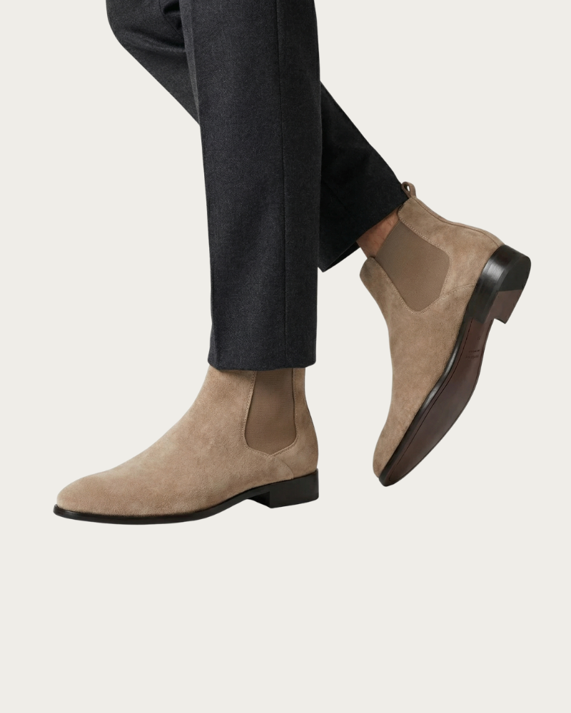 Man Wearing Beige Chelsea Boots Casual Outfit Side View