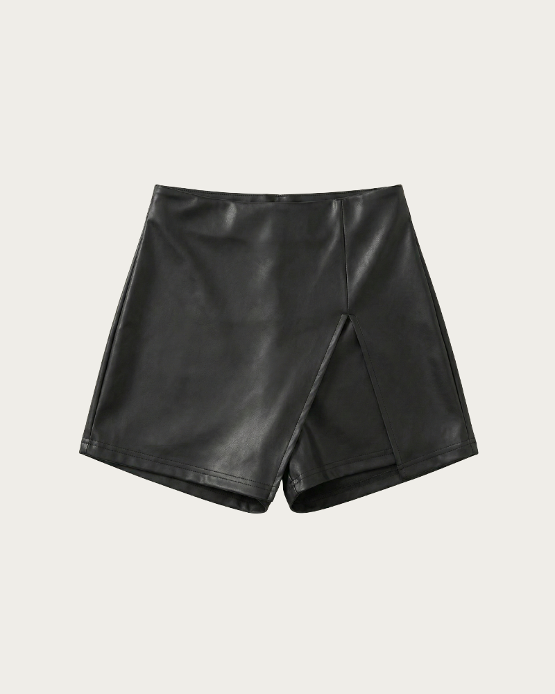black high waist leather skort front view minimal design