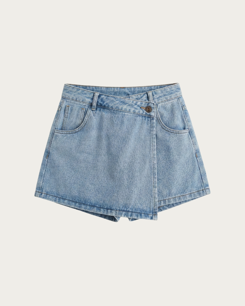 light blue denim skort front view wrap style design