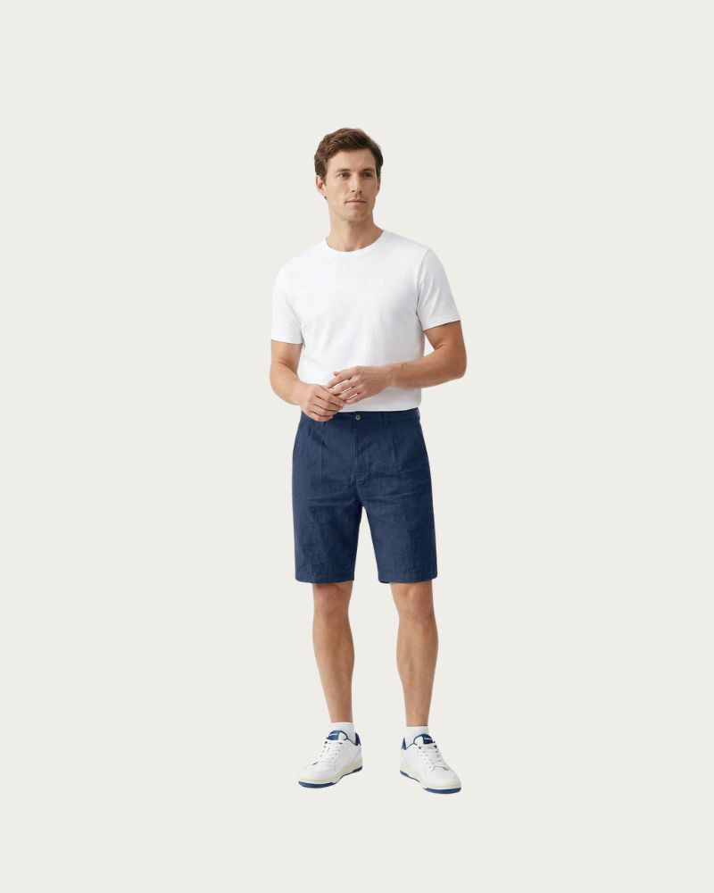 man wearing navy shorts full body casual outfit summer look
