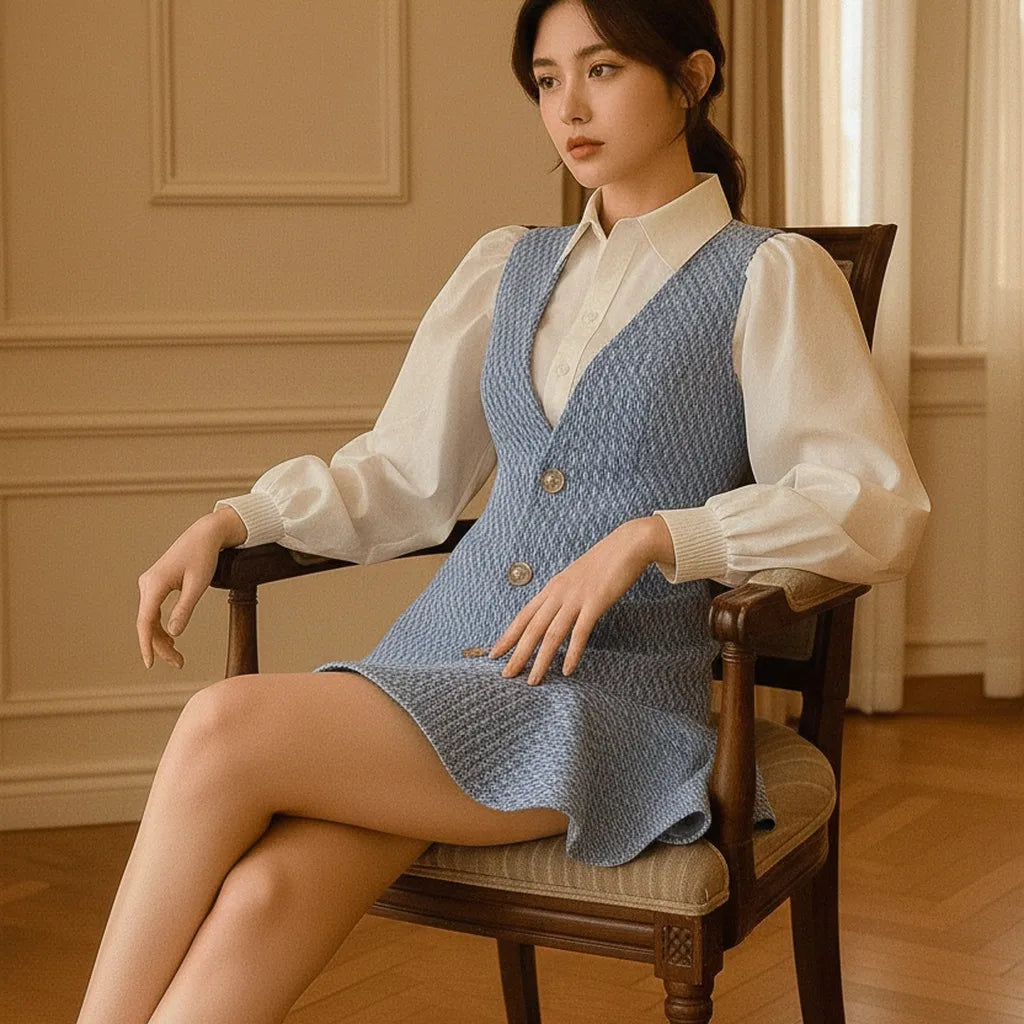 Woman sitting on a chair wearing a blue knitted vest over a white blouse in an elegant room.